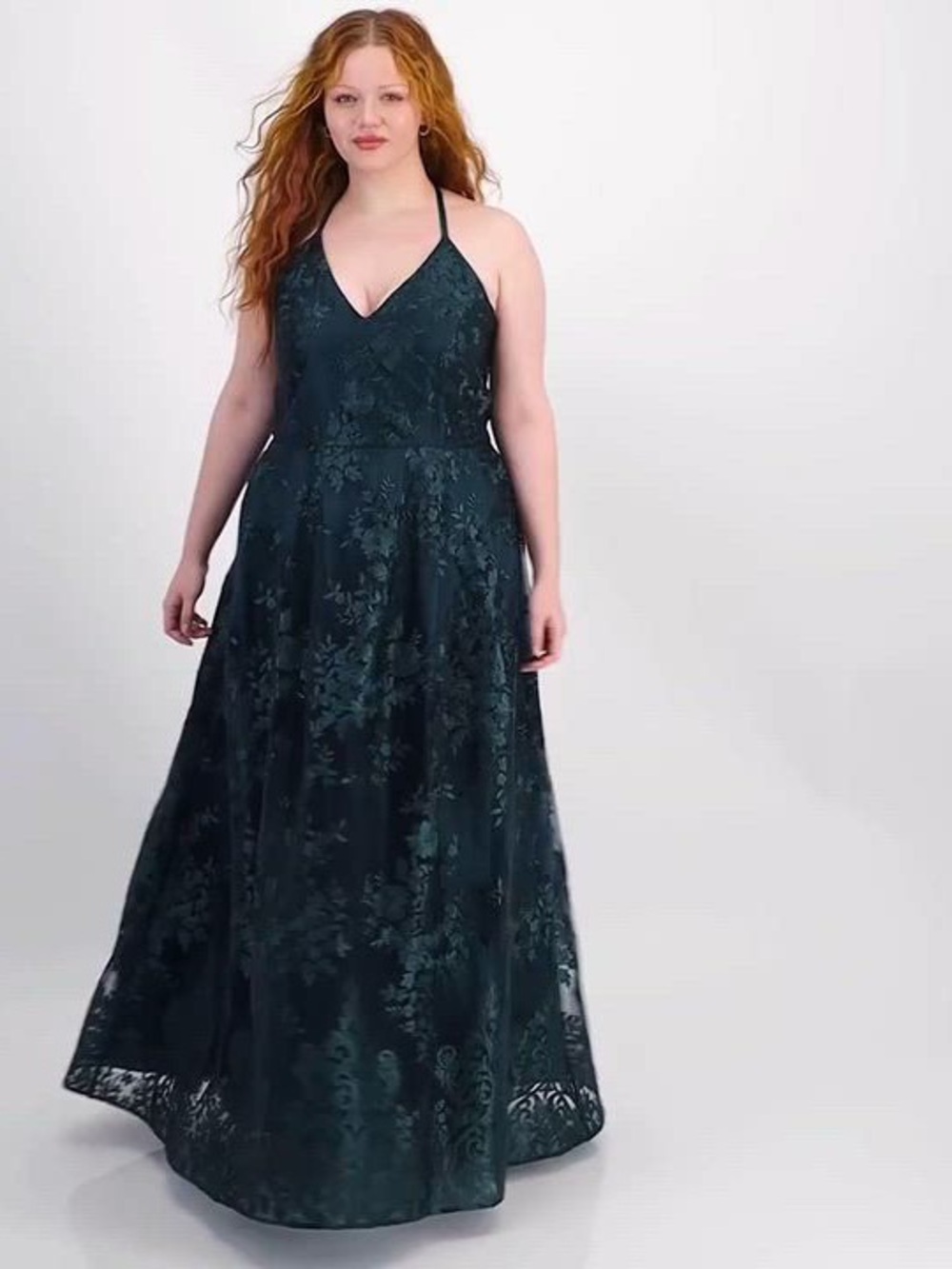 BCX Plus-Size Dark Green Halter Lace Floral Embroidered Maxi Evening Dress